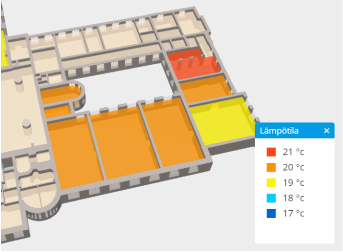 Rakennuksen pohjakuva, jossa värikoodein esitetään huoneiden lämpötiloja.