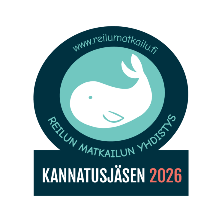 Reilun matkailun kannatusjäsen -logo. Logossa on piirretty valas keskellä.