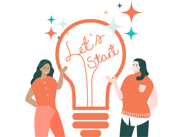 The picture shows a large light bulb between two students. The students are pointing to the text "Let´s Start" inside the light bulb.