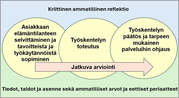 Sosiaalialan ammattilaisella tulee olla asiakasprosessin edellyttämät tiedot, taidot ja asenne sekä ymmärrys ammatillisista arvoista ja eettisistä periaatteista. Lisäksi ammattilaisen tulee kyetä asiakasprosessin kriittiseen reflektointiin. Asiakasprosessi sisältää kolme vaihetta. Ensimmäinen vaihe on asiakkaan elämäntilanteen selvittäminen ja työkäytännöistä sopiminen. Toinen vaihe on työskentelyn toteutus. Kolmas vaihe on työskentelyn päätös ja tarpeen mukainen palveluihin ohjaus. Asiakasprosessia on myös jatkuvasti arvioitava.