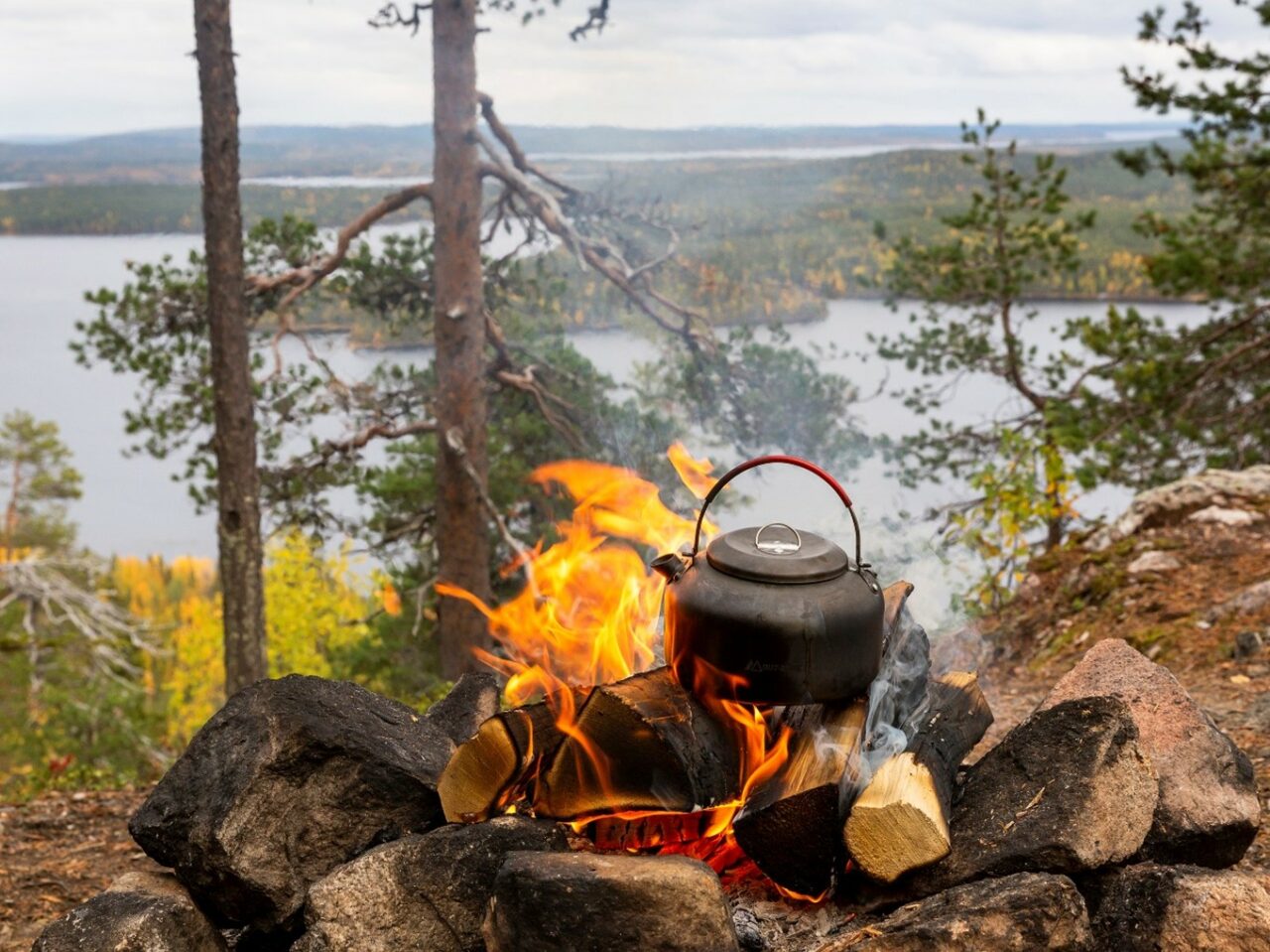 A coffee pan on camp fire.