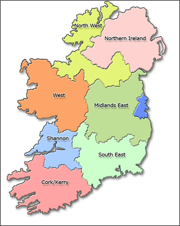 Map presenting regions of Ireland, 2024 Discovering Ireland. ATU is operating in the West and Northwest of Ireland.