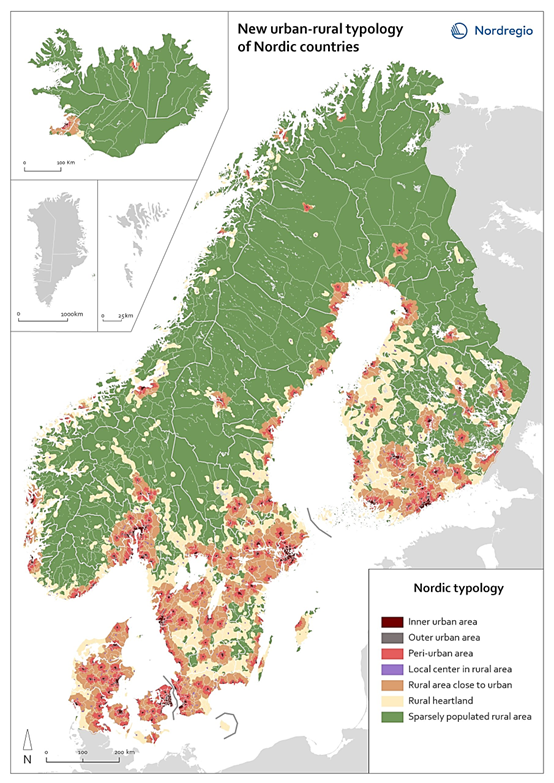 A map presenting urban-rural areas in Nordic countries, in where green illustrates rural and red / brown urban. Finnish Lapland area appears to be green, despite Rovaniemi and Kemi-Tornio areas, which are urban.
