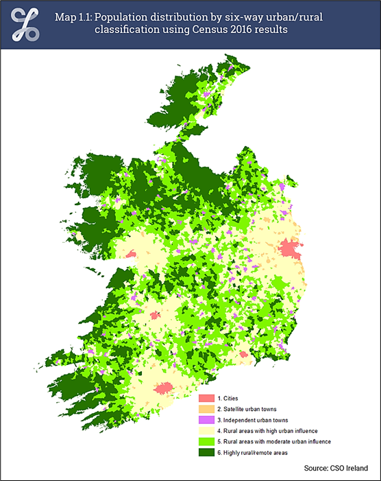 There is in West and Northwest of Ireland a few urban towns and cities, that are surrounded by the small areas with high urban influence. The most from the areas are illustrated with colour green and dark green that describes as the rural areas with moderate urban influence and highly rural or remote areas.