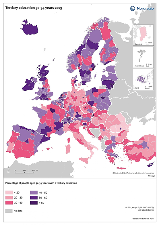 Map presenting tertiary education between 30-34 years old of age in year 2019 in Europe. Compared to Nordic countries and Central Europe countries, Finland’s rate is lower.