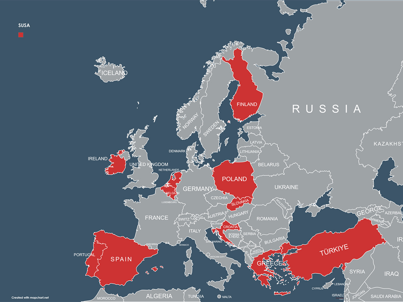 Euroopan kartalle merkittynä hankkeeseen osallistuneet maat.