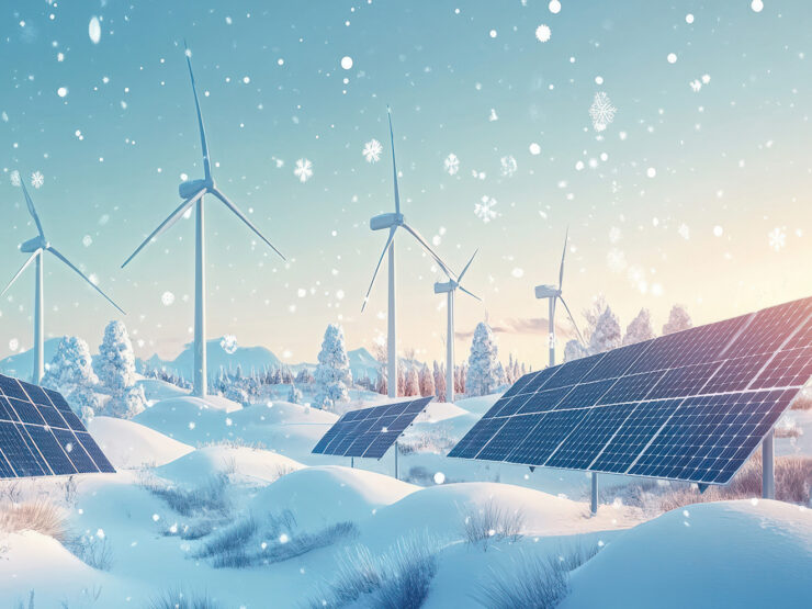 Solar panels and wind turbines in a snowy landscape, symbolizing renewable energy and sustainability during winter, with snowflakes falling.