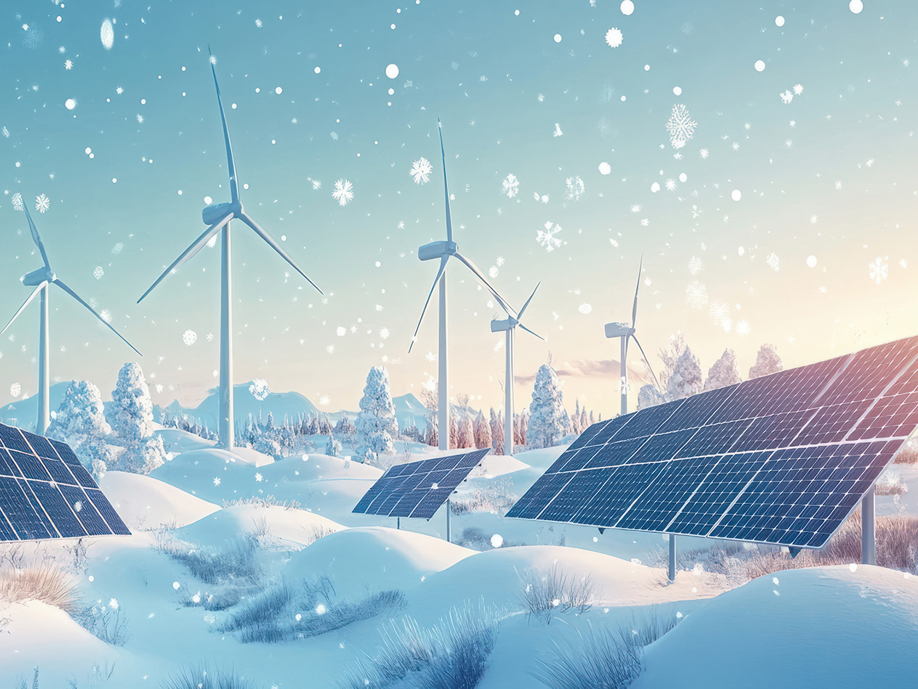 Solar panels and wind turbines in a snowy landscape, symbolizing renewable energy and sustainability during winter, with snowflakes falling.