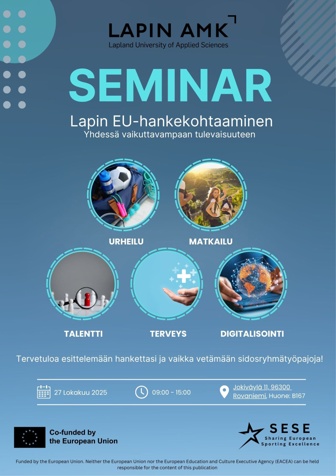 Hankejulisteessa tapahtuman perusinfo.