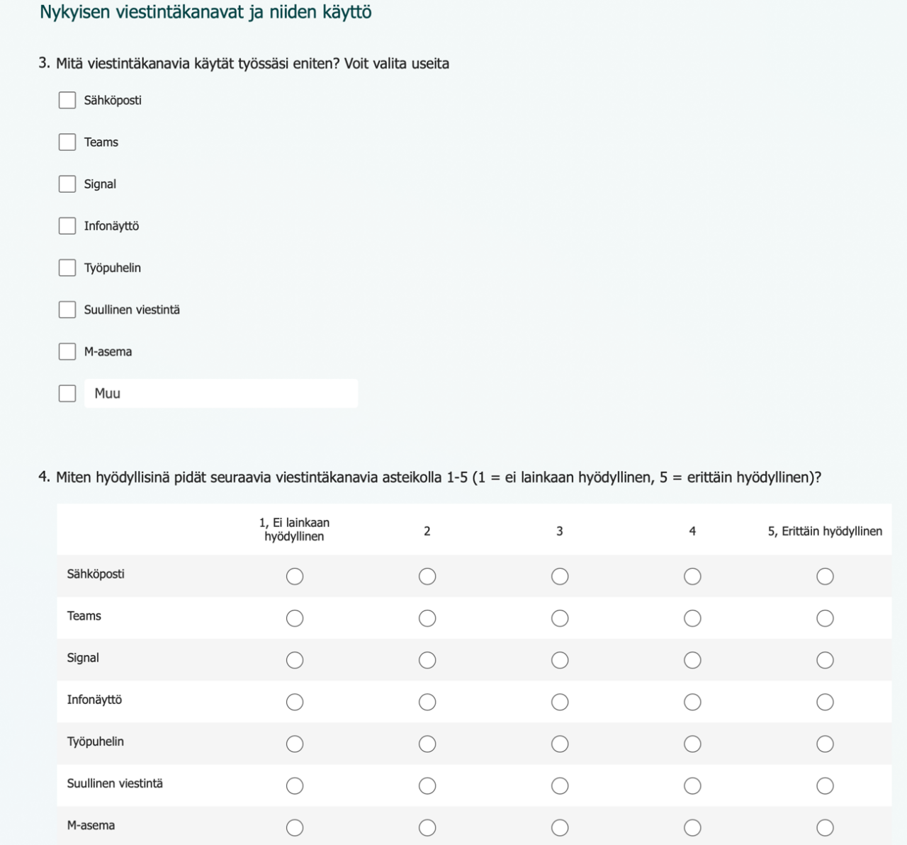 Liite 1 2(5). Kyselytutkimus Verisuonikeskuksen sisäisestä viestinnästä 