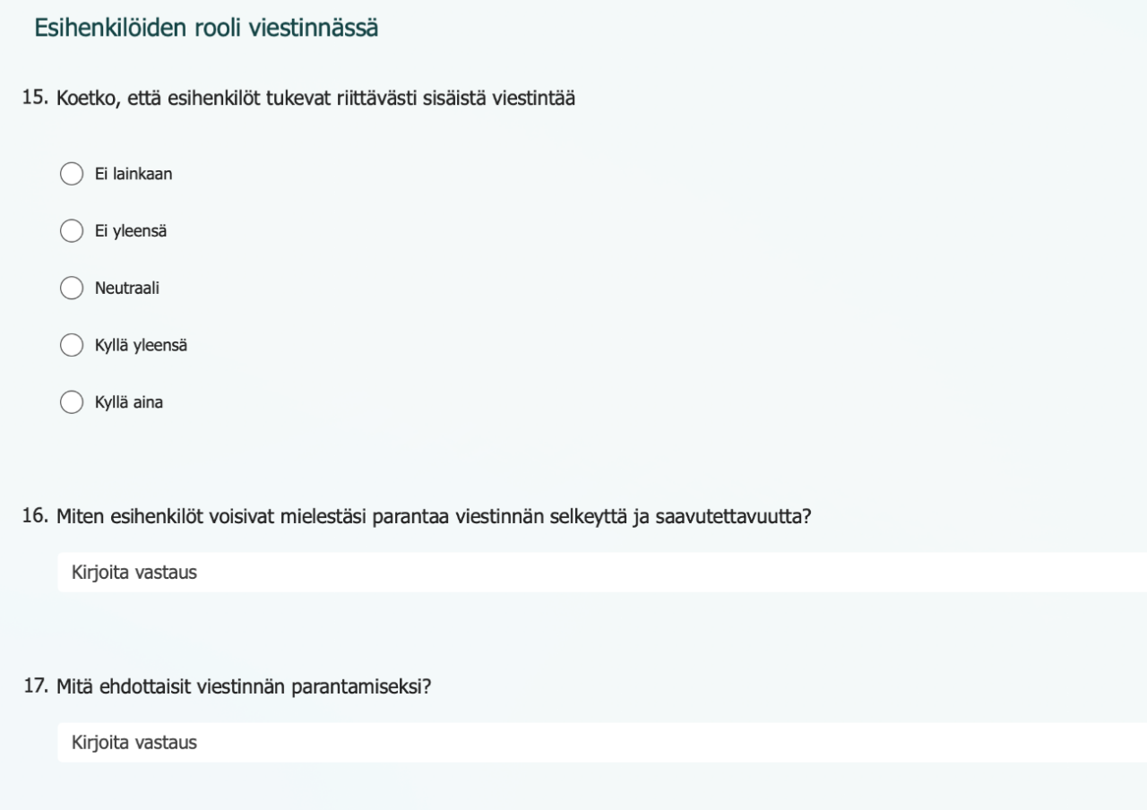 Liite 1 5(5). Kyselytutkimus Verisuonikeskuksen sisäisestä viestinnästä 
