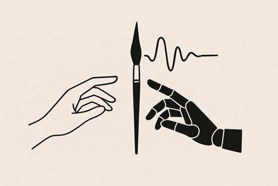 A minimal black line graphic shows a paintbrush standing upright between two hands, one on each side reaching toward it. On the right, one hand appears as a simplified robotic hand, while a wavy line above suggests a signal or waveform, combining artistic and technological elements.