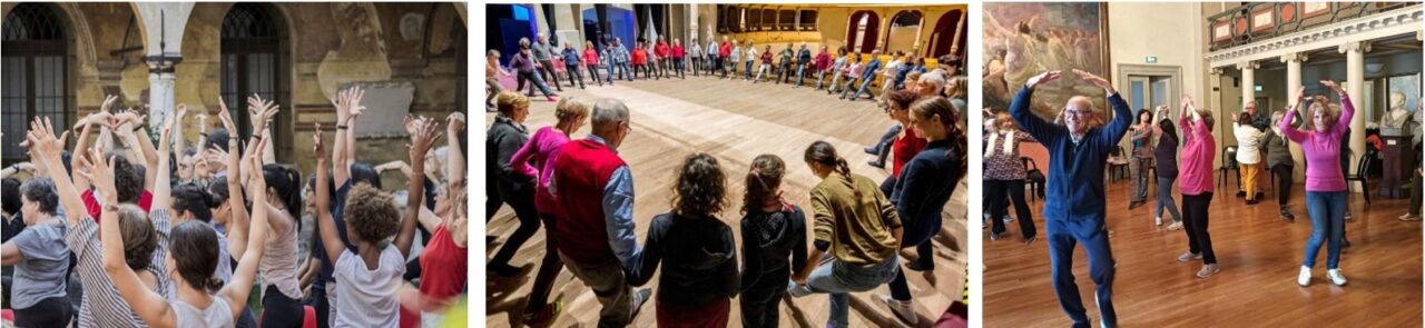 Figure 15. A photograph shows a large group of people in an open courtyard surrounded by arched buildings. The participants stand close together with their arms raised above their heads, forming a unified group gesture during a guided activity. Figure 16. A photograph shows a large group of people standing in a wide indoor hall with wooden flooring and arched architectural details. The participants form a large circle, lifting one leg in unison as part of a coordinated group activity. Figure 17. A photograph shows a group of people in a large indoor hall with wooden flooring, decorative columns, and a balcony. The participants stand spaced out while raising their arms overhead in a coordinated movement during a guided group activity.