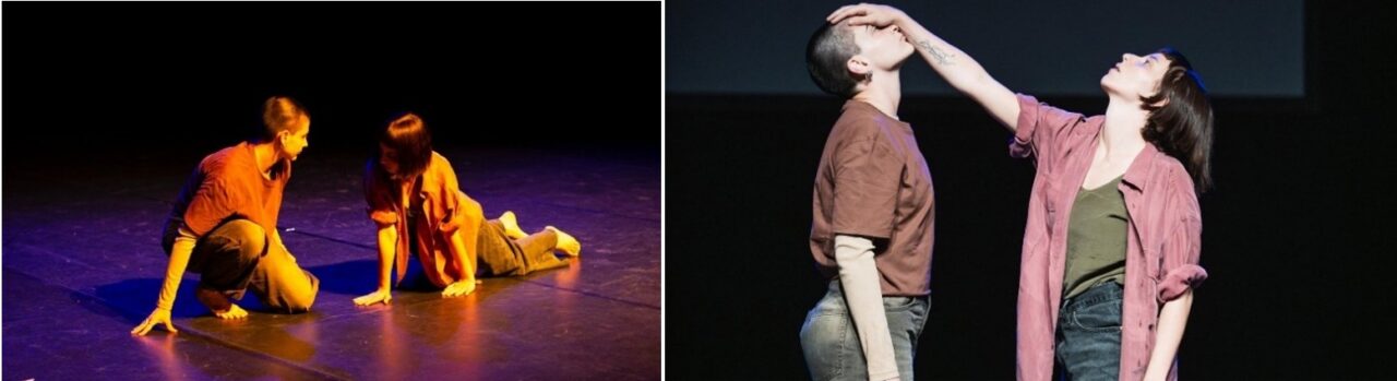 Figure 2. A stage photograph shows two people standing close together on a stage under spotlight lighting, with one person reaching out and placing a hand on the other person’s face. Both are dressed in casual clothing, and the dark background emphasizes the performers in the stage lights. Figure 3. A stage photograph shows two performers on the floor under warm stage lighting, facing each other and supporting themselves with their hands. The dark stage background and spotlight emphasize the interaction and proximity between the two figures.