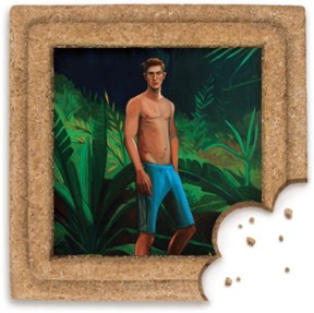 A small illustration shows a standing human figure embedded into a traditional Croatian spicy pepper cookie, set against a lush green background. A bite has been taken from one corner, and crumbs are visible next to it.