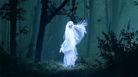 A night-time scene shows a glowing, human-like figure draped in flowing white fabric standing in a dark forest. The figure appears softly illuminated against the surrounding trees and foliage, creating a strong contrast between the bright form and the dim, blue-toned environment.