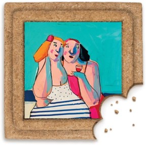 A small illustration shows two figures standing close together against a turquoise background, embedded into a traditional Croatian spicy pepper cookie. A bite has been taken from one corner, and crumbs are visible beside it.