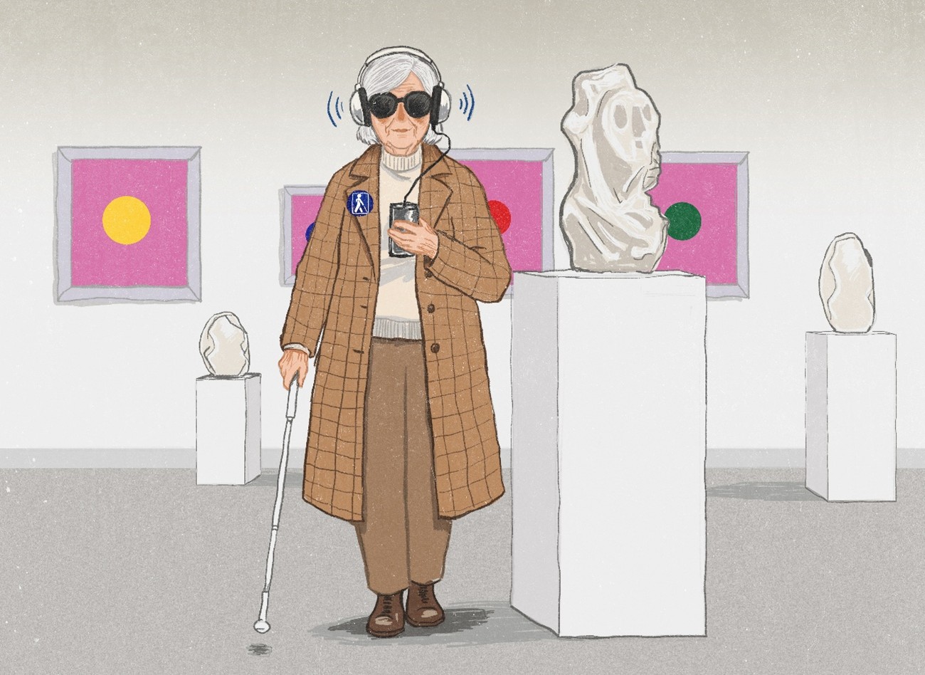 Kuvituskuvassa iäkäs henkilö käyttää kuuloapuvälinettä ja sauvaa liikkuessaan taidemuseossa.