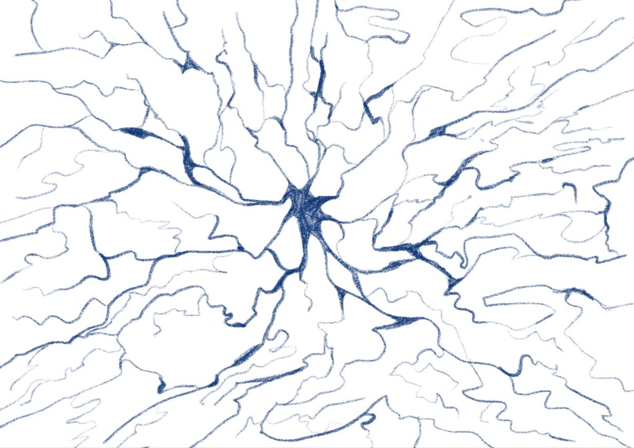 n abstract drawing shows blue branching lines radiating outward from a dark central point on a white background. The lines spread in all directions in irregular, organic shape. 
