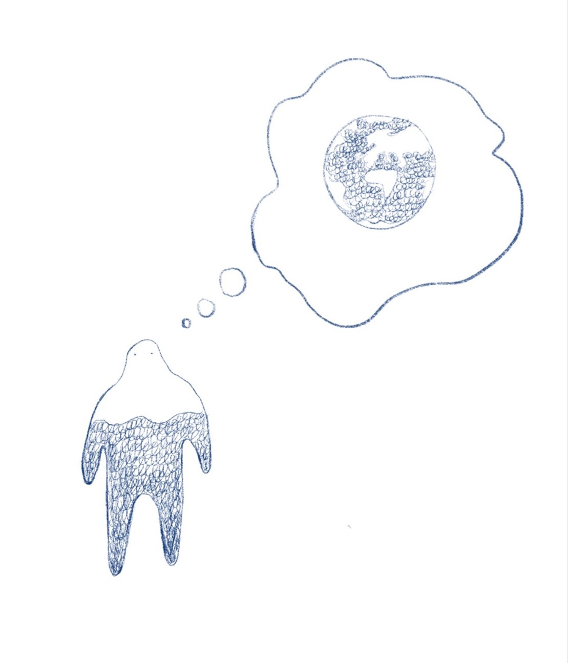A simple blue line drawing shows a human-like figure standing below a thought bubble. Inside the bubble, a circular form resembling a globe is filled with dense small shapes, while the figure is filled with similar patterns, creating a visual connection between the figure and the imagined image above.