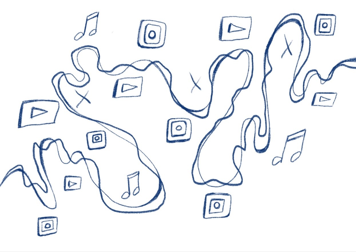 An abstract blue line drawing shows fluid, irregular shapes spreading across the image, surrounded by small icons such as play buttons, musical notes, and square symbols. The shapes appear loosely connected, suggesting movement or interaction between media-like elements.