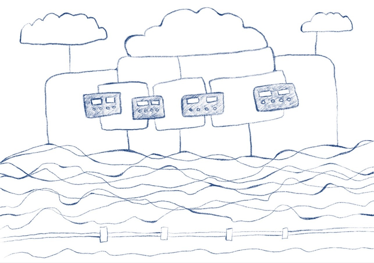 A blue line drawing shows a simplified landscape with cloud-like shapes connected by lines above a series of small rectangular devices. Below, wavy horizontal lines suggest flowing water, with a linear structure at the bottom resembling a barrier or boundary.
