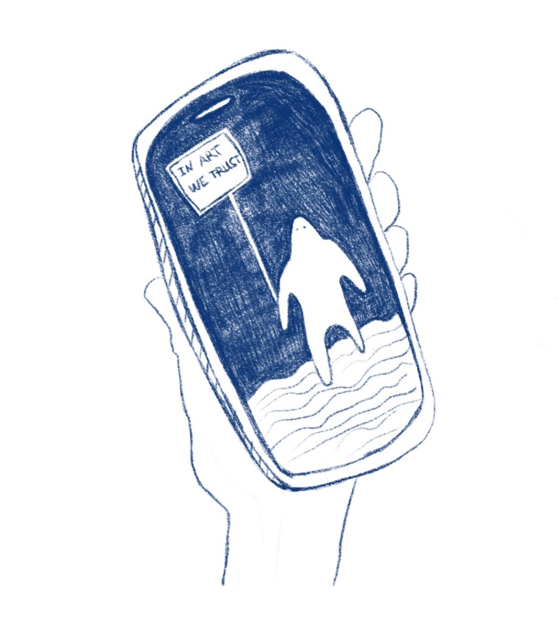 A blue line drawing shows a hand holding a smartphone. On the phone screen, a simple human-like figure stands above wavy lines, next to a sign reading “IN ART WE TRUST,” set against a dark background.