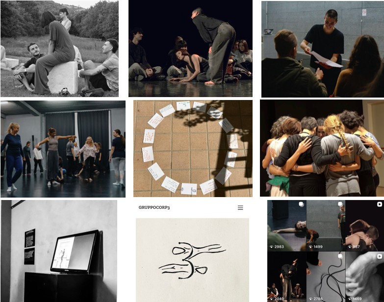 A collage of multiple photographs shows group activities, including people interacting outdoors, performing on a stage, and participating in workshops. Other images show a circle of printed cards on the floor, a group standing close together with arms around one another, and a display with text and drawings.