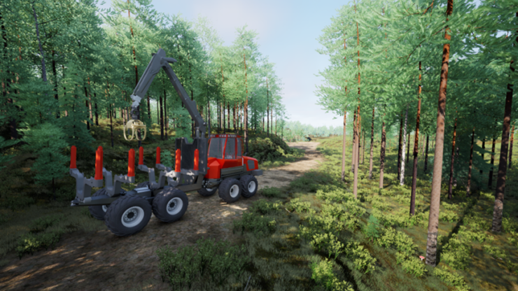 A big vechile on a forest road.