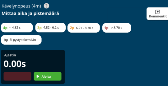 Näkymä HEKO-mobiilin Kävelynopeus (4m) -testistä ja pisteytyksestä.